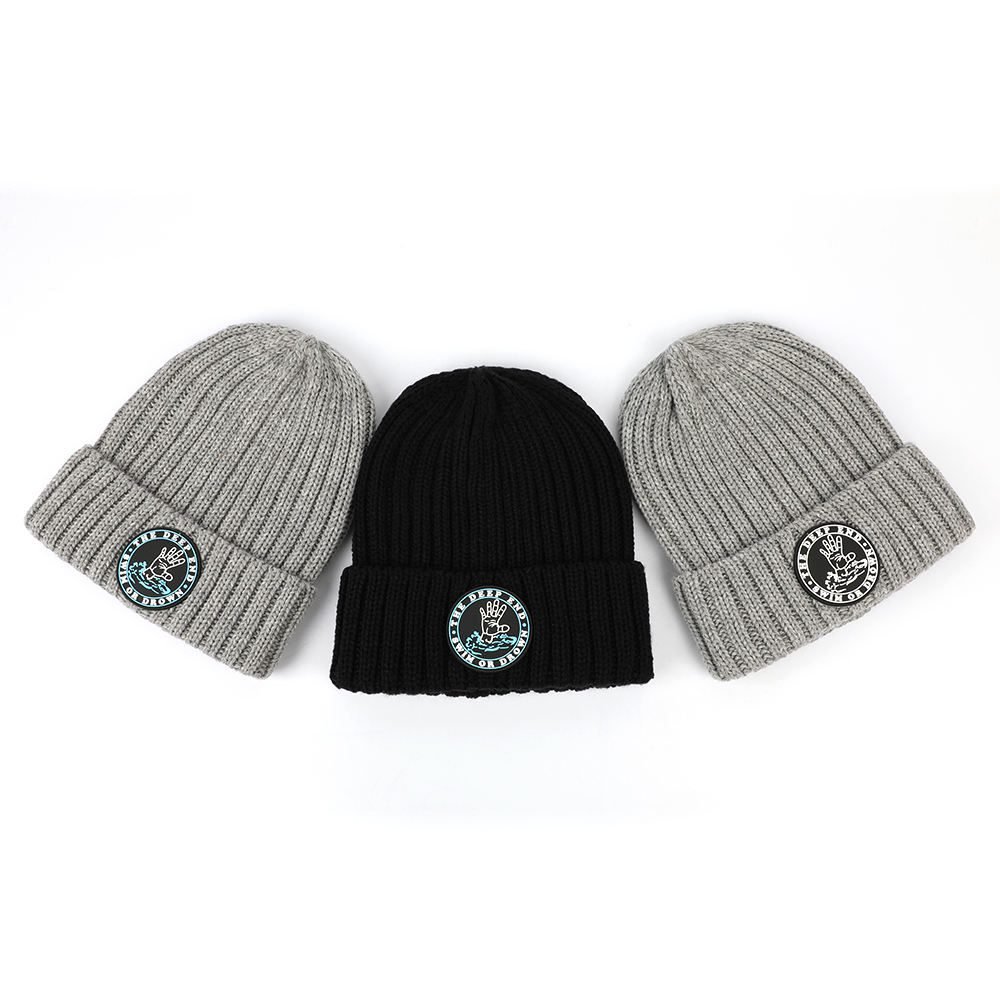 OEM Rubber Patch Logo 100% Acrylic Cuffed Knitted Beanie,Men Skull Winter Hat Fisherman Beanie Cap High Quality Custom Unisex