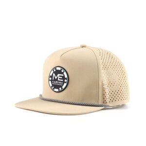 Wholesale 5 Panel Flat Bill Laser Cut Perforated Golf Hats With Custom PVC Rubber Logo Waterproof Sports Rope Snapback Caps